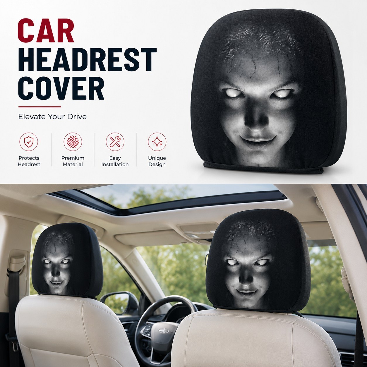 Horror Face Car Headrest Covers